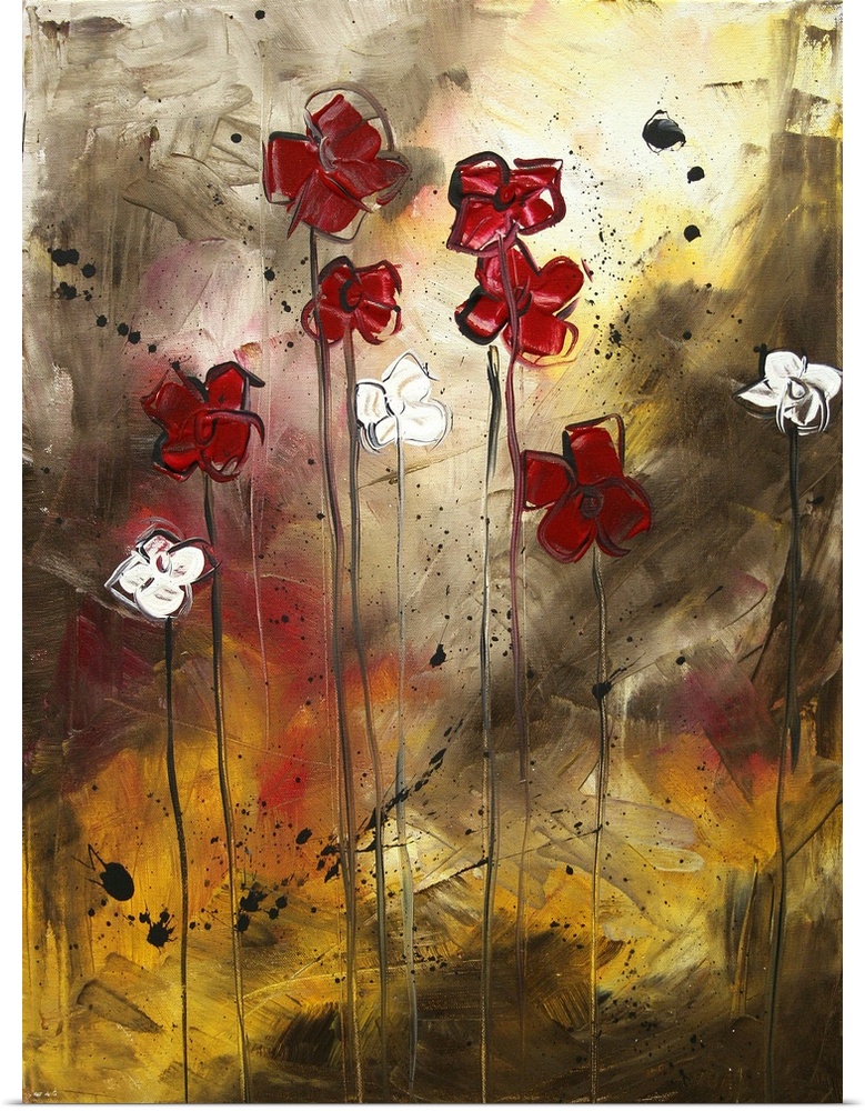 Big, vertical, contemporary painting of a small grouping of flowers standing upright, on long, thin stems.  On a textured ...