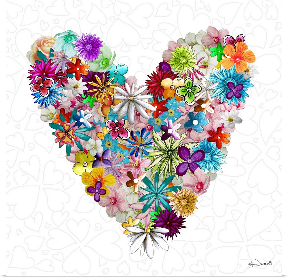 Illustration of several flowers in different colors making up a large heart.