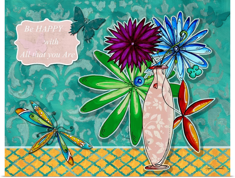 Cute illustration of a bouquet of flowers on a patterned background, with an inspirational quote and dragonflies.