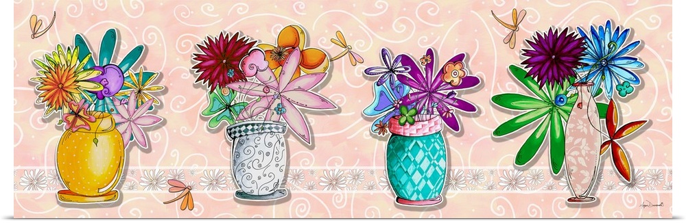Illustration of four bouquets of flowers in pretty vases in a row.