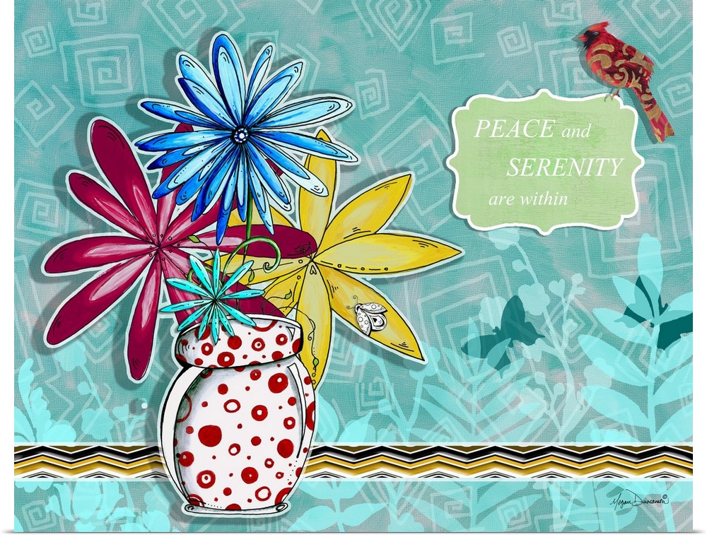 Cute illustration of a bouquet of flowers on a patterned background, with an inspirational quote and a cardinal.