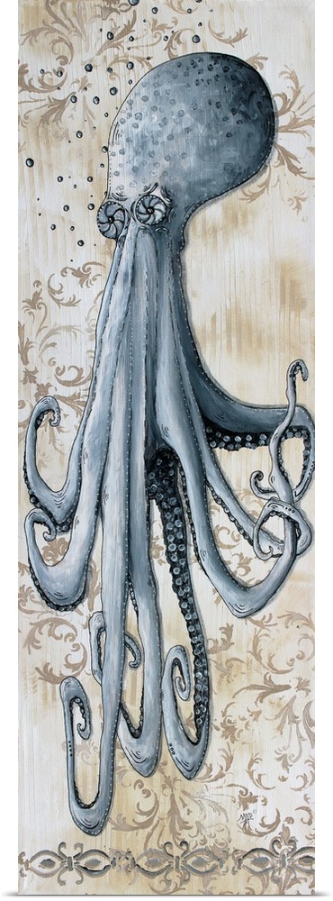 Vertical painting of an octopus with its tentacles hanging down on a floral print background.