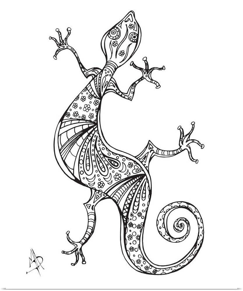 Black and white line art of a patterned gecko with a coiled tail.