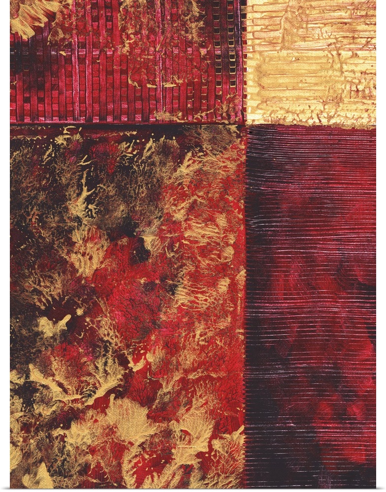 Contemporary abstract painting using gold and red tones in geometric forms.