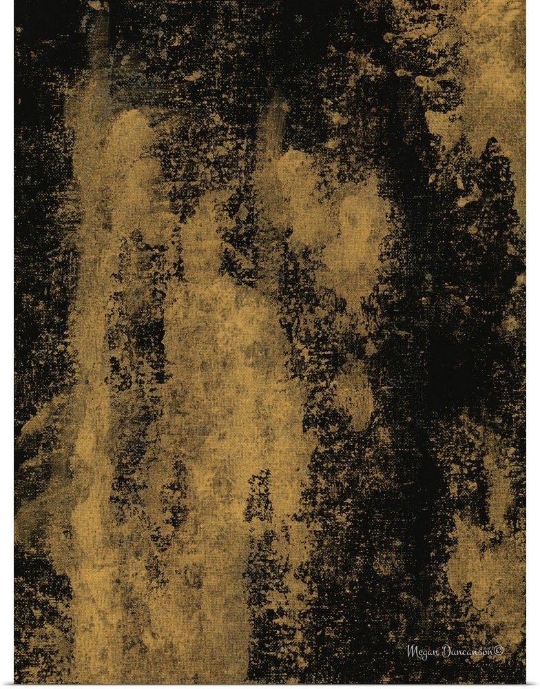 A contemporary abstract painting that has a deep gold background and a black overlay.
