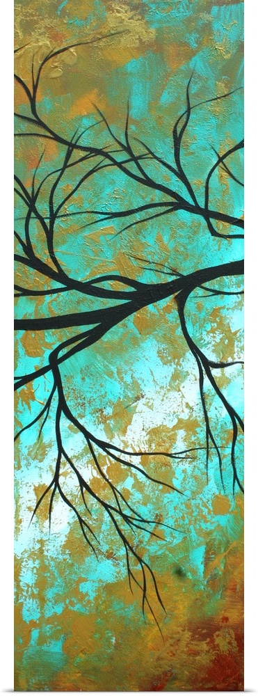 Vertical panoramic painting of silhouetted tree branches with abstract background.