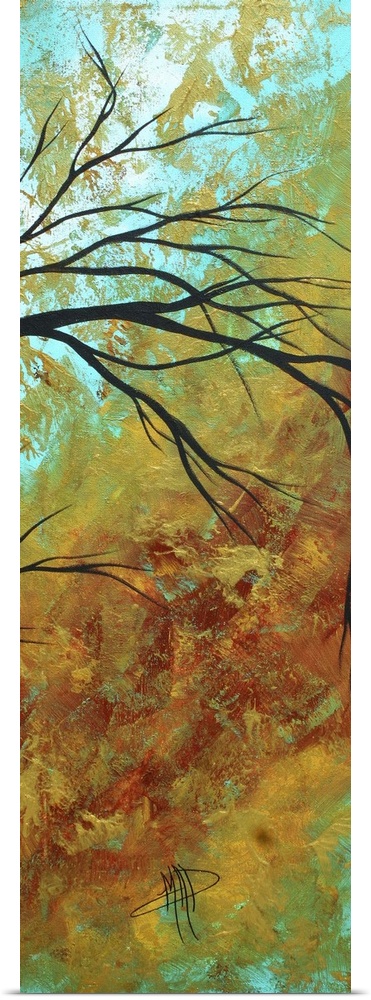 Vertical contemporary painting on a large canvas of thin tree branches bending slightly downward, surrounded by rough, blo...