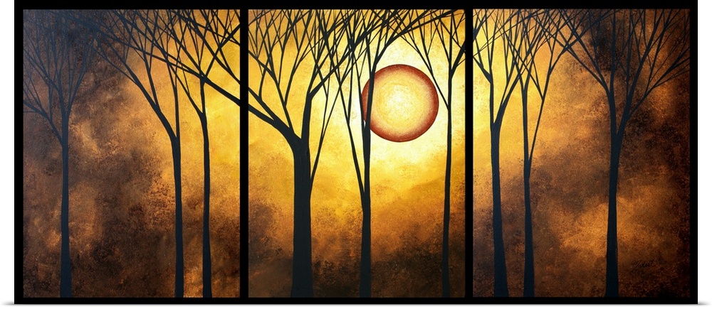 A piece of contemporary artwork that has silhouettes of trees in front of a bright golden sun and background.