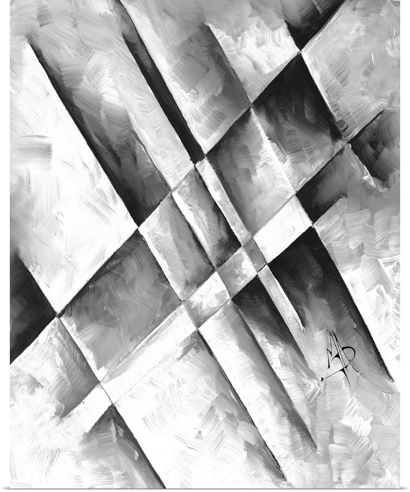 Contemporary abstract painting using gray toned geometric shapes.
