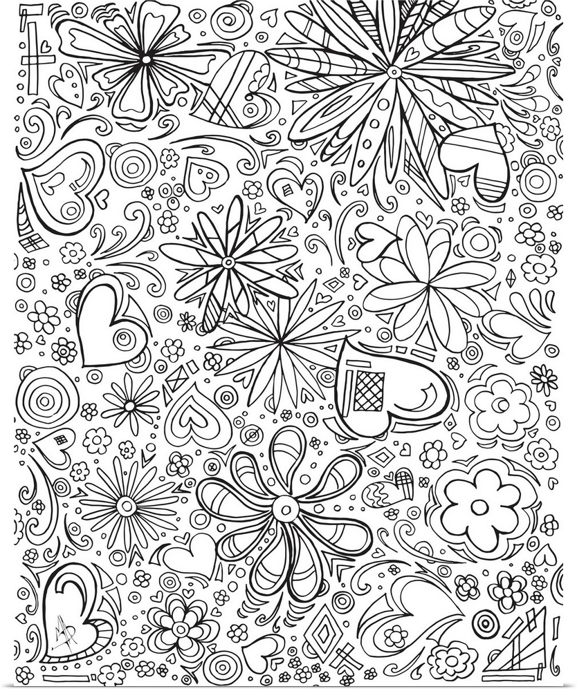 Black and white line art of an assortment of hearts and flowers of different patterns and sizes.