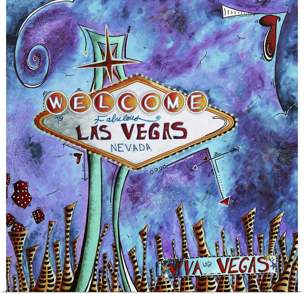 Contemporary painting of the Vegas sign against a purple and blue colored sky.