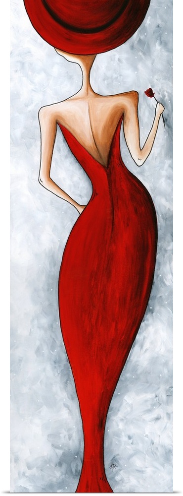 Painting of a woman in an elegant red evening dress, seen from the back.