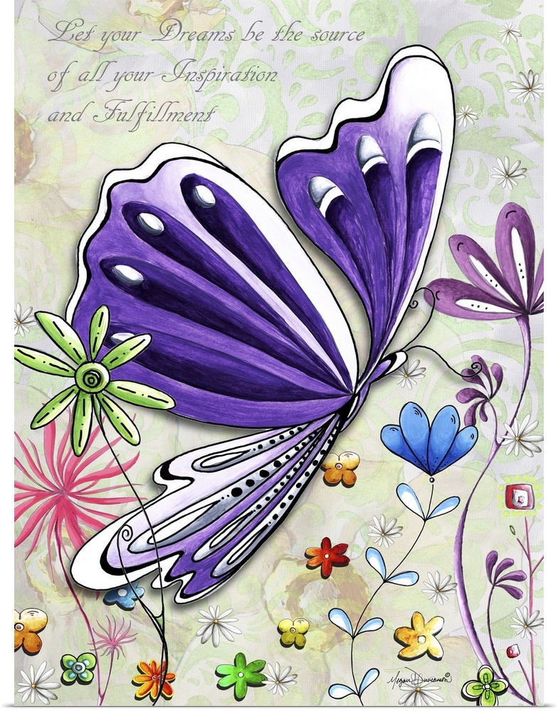 Illustration of a large purple butterfly in a field of multi-colored flowers with an inspirational quote.