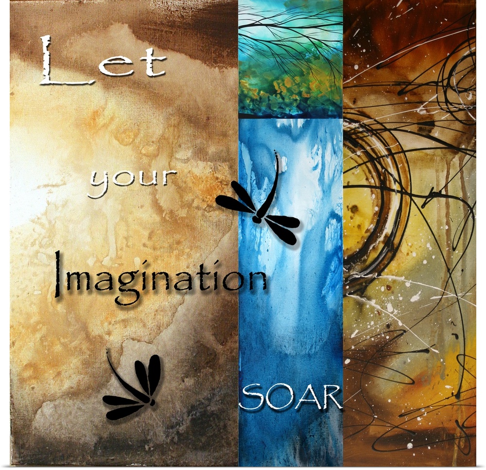 Square photo on canvas representing imagination with dragonflies on top of the layers of art.