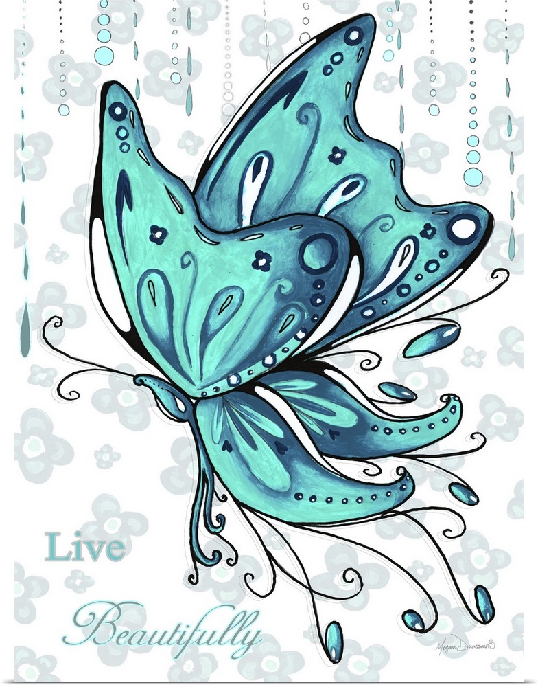 Contemporary painting of a teal butterfly against a white background with pale blue flowers.
