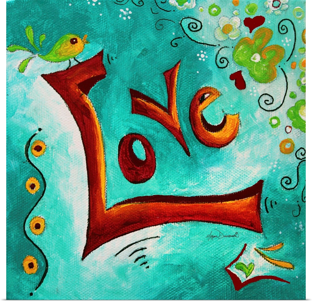 Contemporary painting of the word love in warm tones against a teal background.