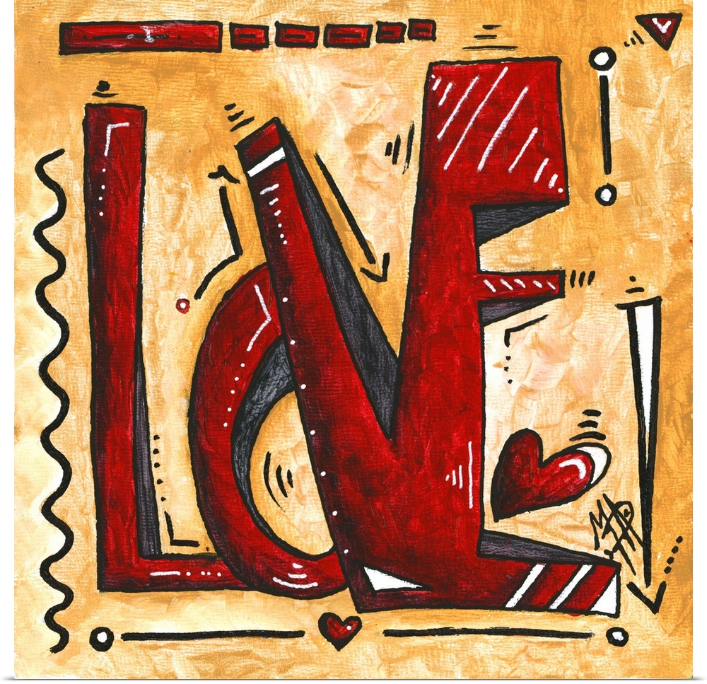 Pop art of the word "Love" in red with hearts on a golden background.