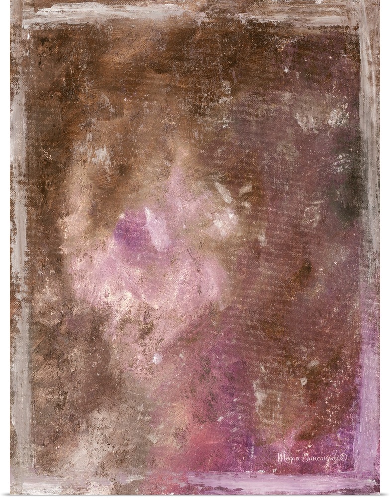A contemporary abstract painting that has a brown and grey undertone with bright pinks, purples, and whites spread around ...