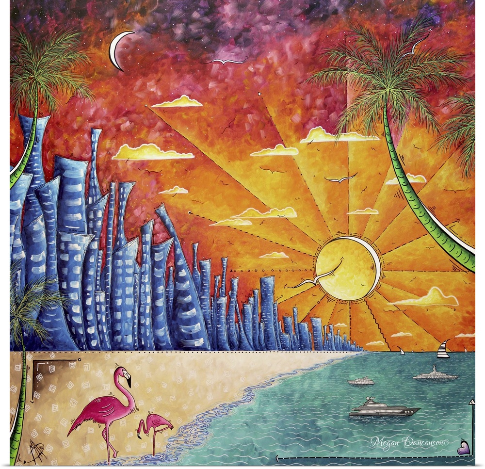 Contemporary painting of skyscrapers along the Miami coast at sunset, with palm trees and flamingoes.