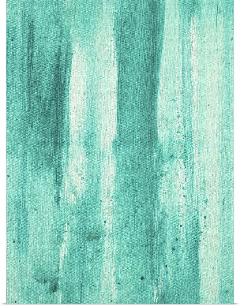 Abstract art painting of vertical streaks of paint in varying shades of water tones.