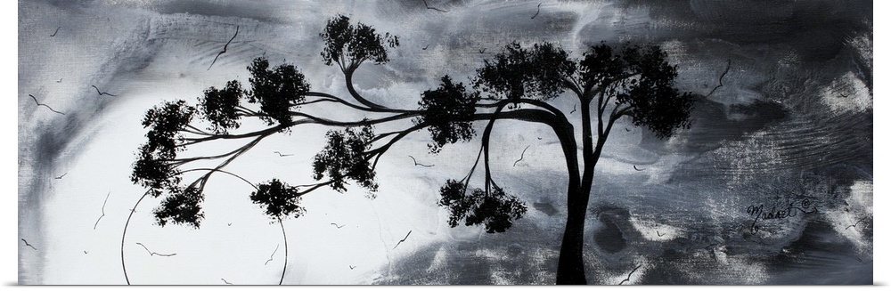 Abstract artwork of a silhouetted tree that reaches far to the left against a gloomy sky with several birds flying around.