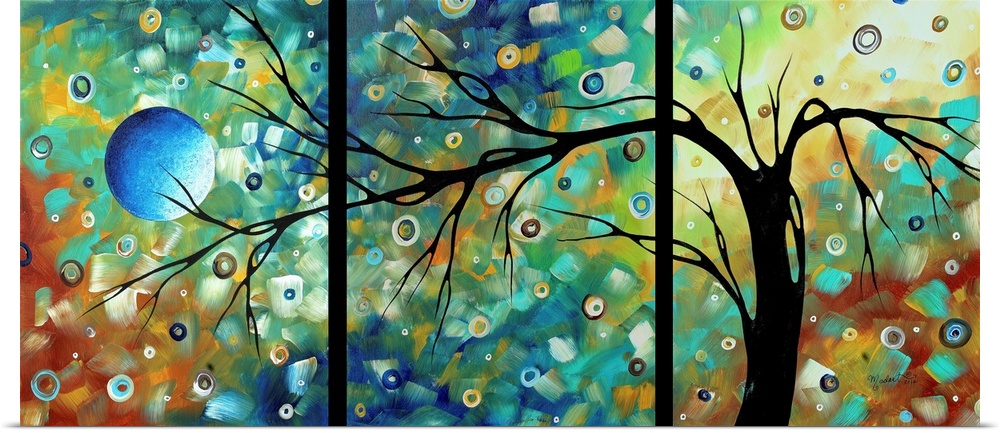 Panoramic contemporary art focuses on a bare tree set against a background filled with bright and rich colors, as well as ...