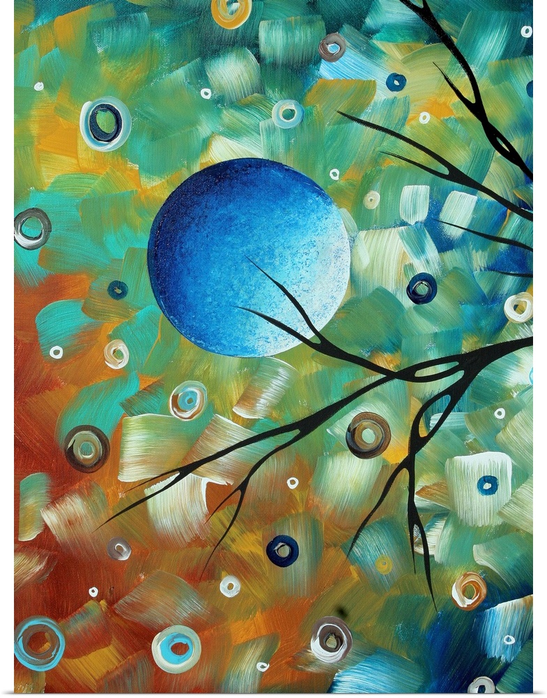 Contemporary abstract image of the moon and tree branch silhouettes.  The background is colorful, consisting of circles an...