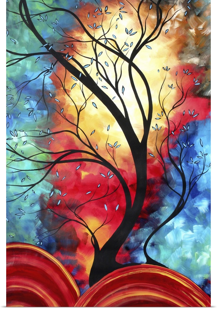 Modern contemporary painting of a dark tree curving upwards with a brightly colored sky on canvas.