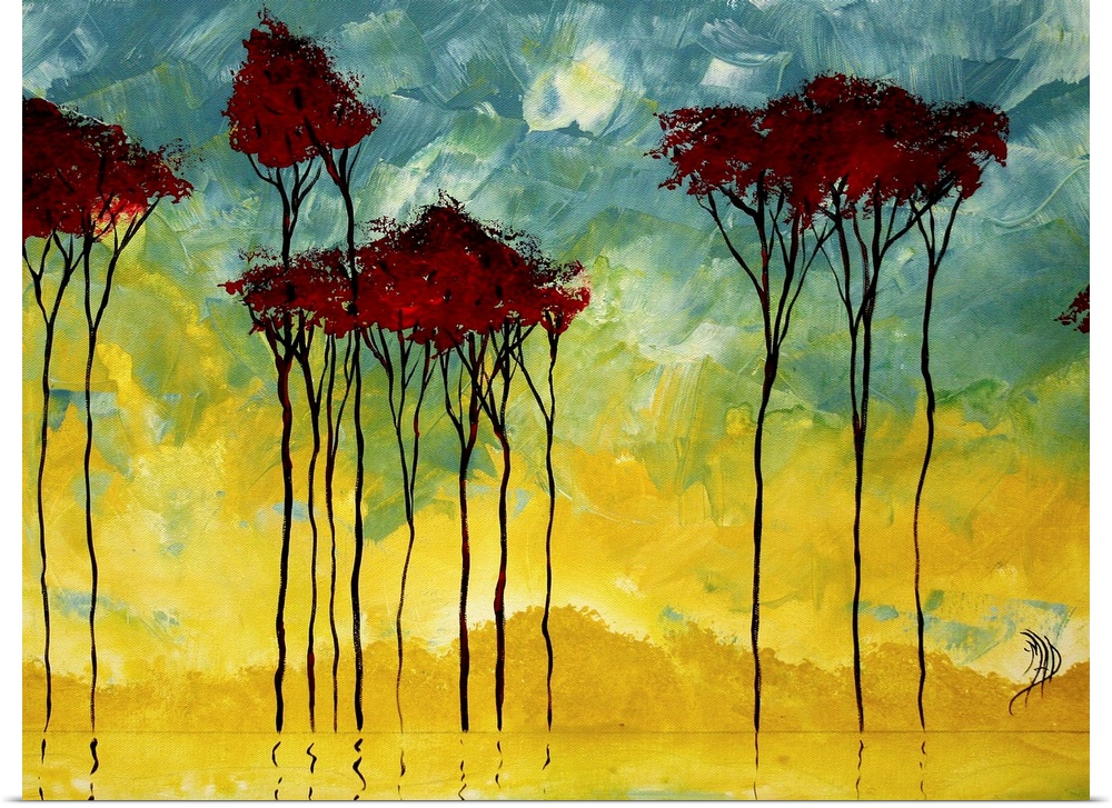 Large painting of a row of trees reflecting off a pond. Mix of cool and vibrant tones.