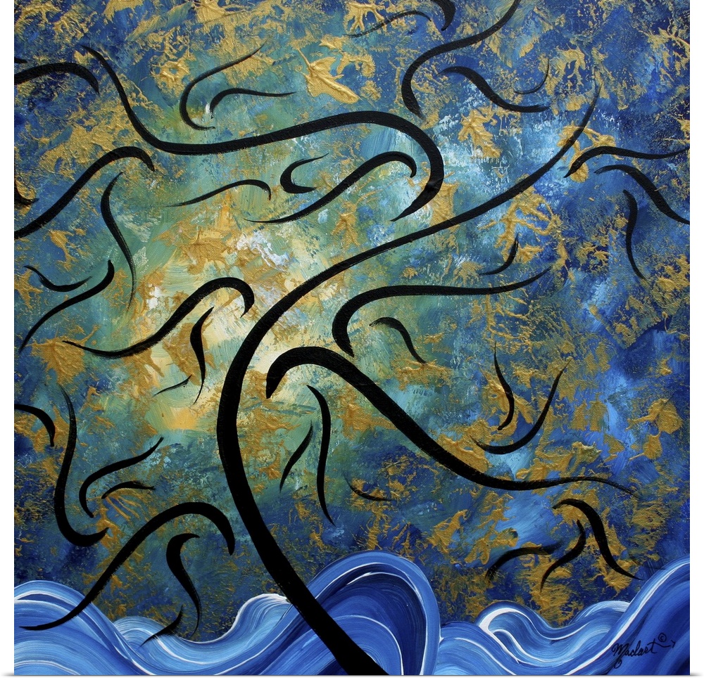Contemporary abstract art of ocean waves and a leaf filled sky blowing in the breeze.