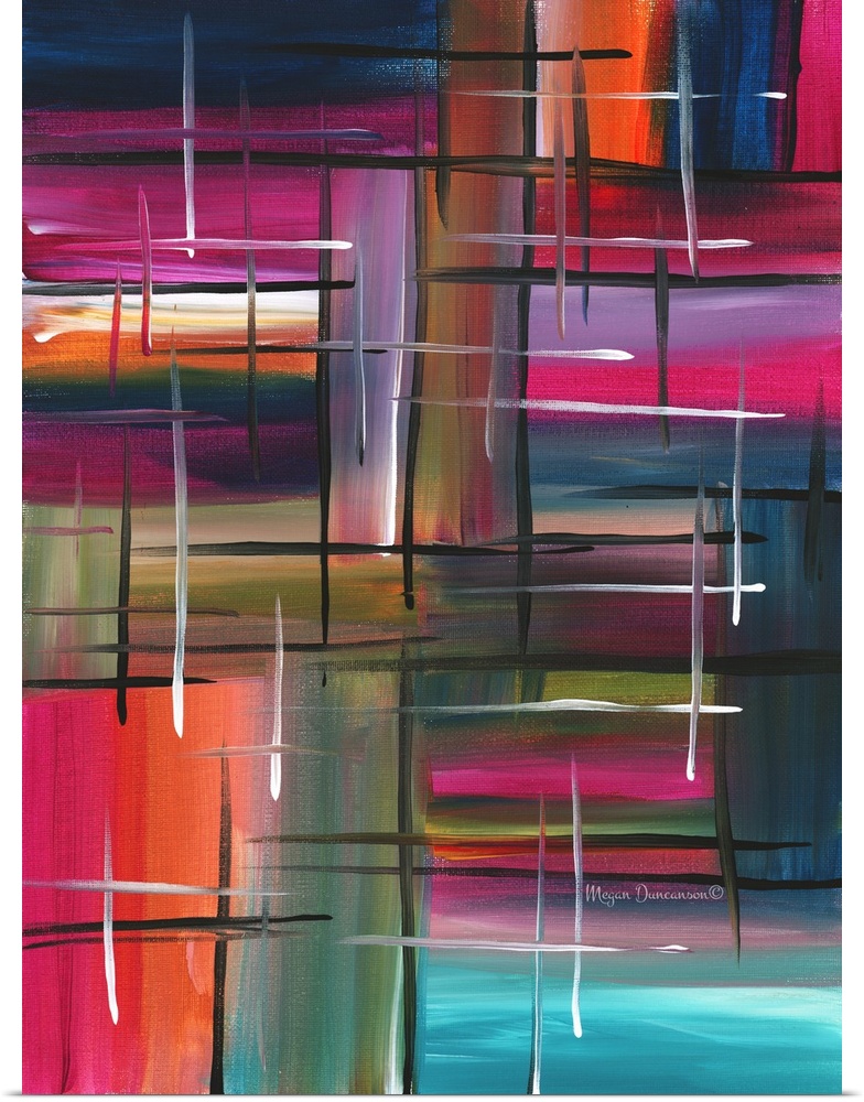 A fun and playful abstract featuring a variety of both bright and deep hues with brushstrokes in different directions and ...