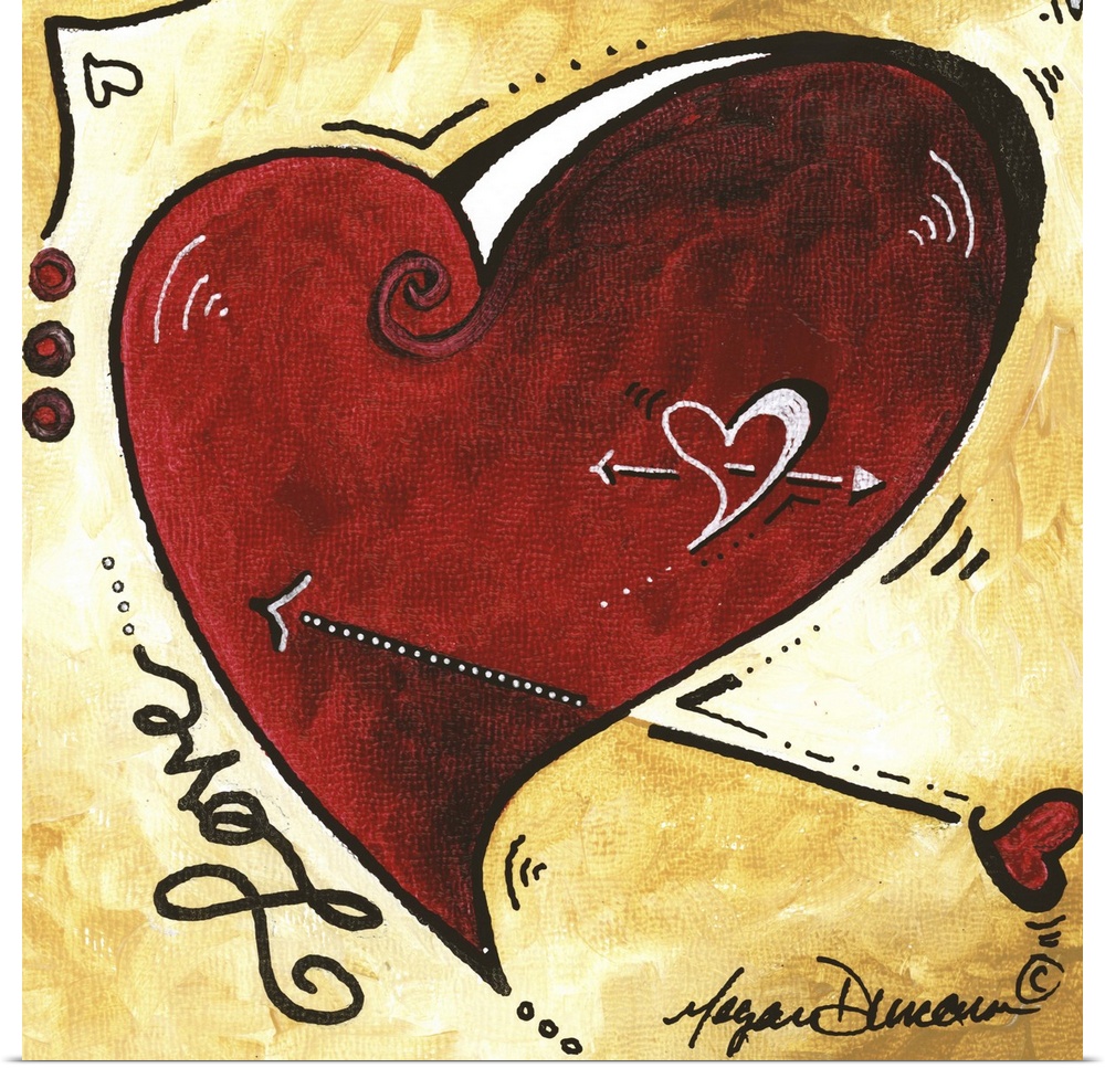 Contemporary painting of a heart with an arrow through it against an earth toned background.