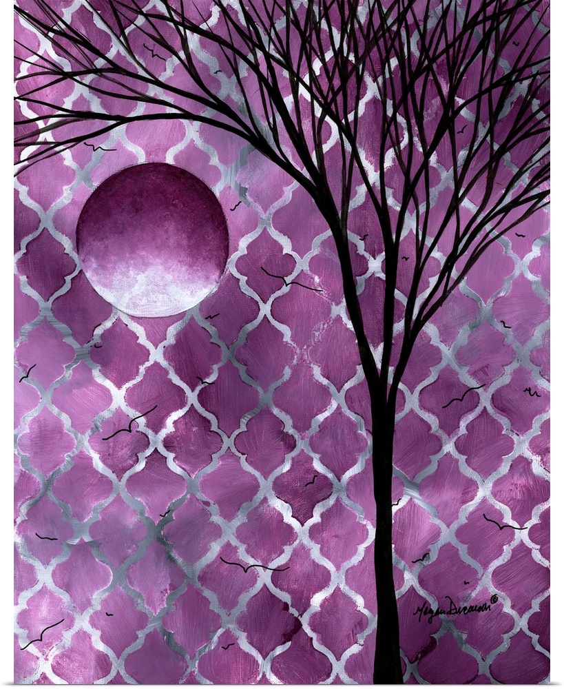 Contemporary painting of a thin tree with many long branches and a full moon.