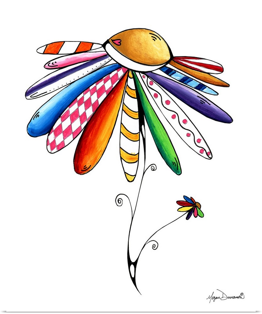 Illustration of a large daisy with petals in all different colors and patterns.