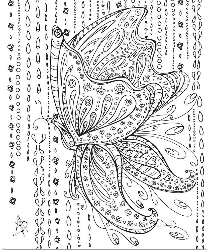 Black and white line art of a butterfly with large, patterned wings, surrounded by raindrops.