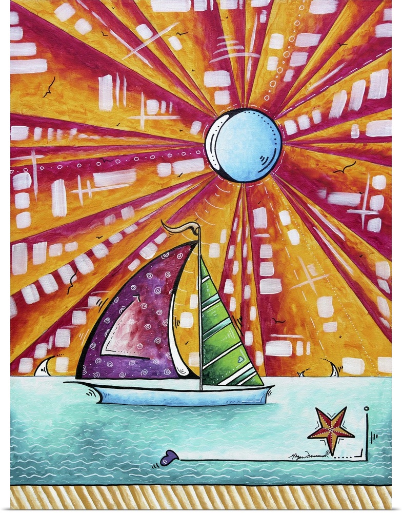 Contemporary painting of a sailboat with brightly colored sails with a bright sun with large rays in the background.