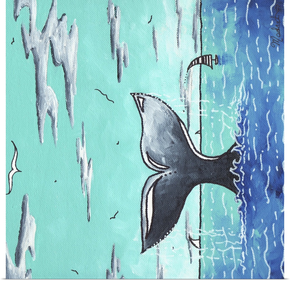 Contemporary painting of a whales tail sticking up out from the ocean, with sailboats in the distance.