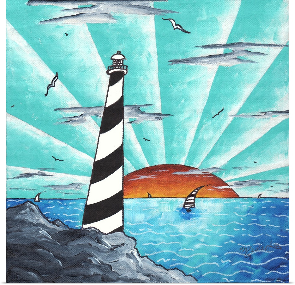 Contemporary painting, of a black and white spiral lighthouse overlooking a sun setting over the sea.