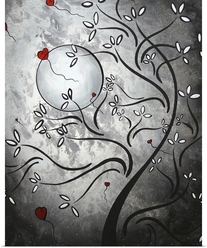 This is a vertical painting of a stylized tree against an abstract moonlit sky with heart shaped balloons.