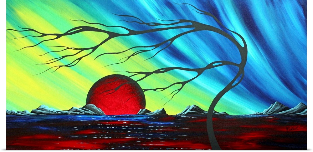 Abstract artwork of a deep red sun that sits on the horizon with a cool colored sky above it. A frail tree bends to the le...