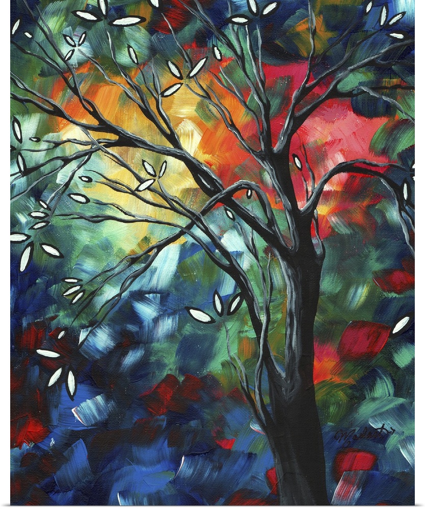 A vertical painting of a tree with flower buds getting ready to bloom. The background is multi colored with brush strokes ...