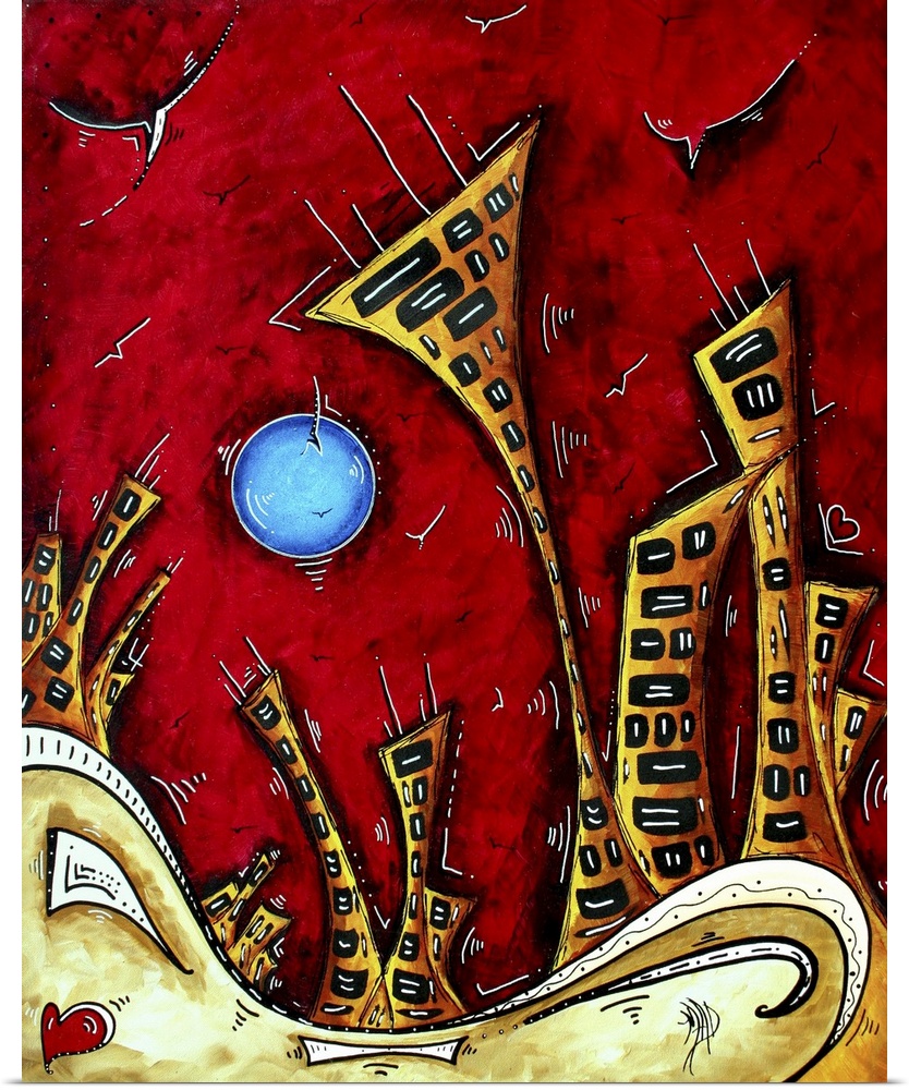 An original, cityscape painting in MADART's signature style. This painting is funky and whimsical with a golden city contr...