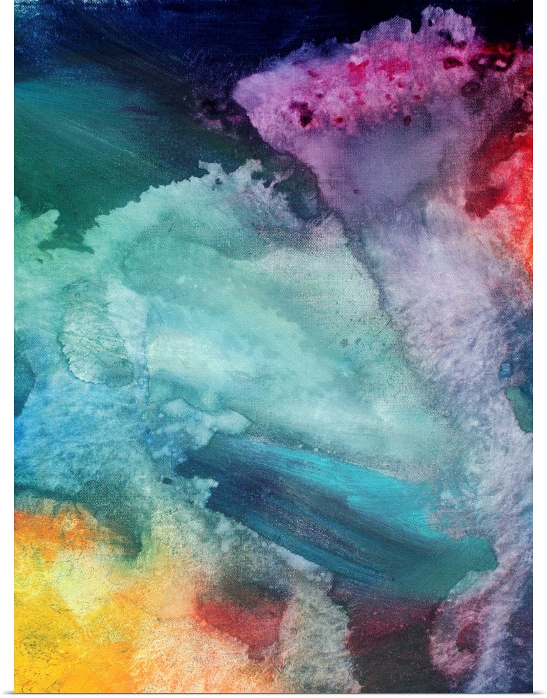 Vertical, big abstract painting of fluid variety of colors swirling together like liquid.