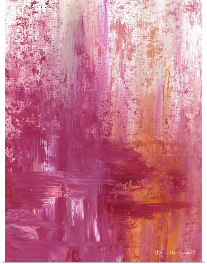 A fun and bright contemporary abstract painting with a variety of heavy pink hues mixed with a bit of orange and white.