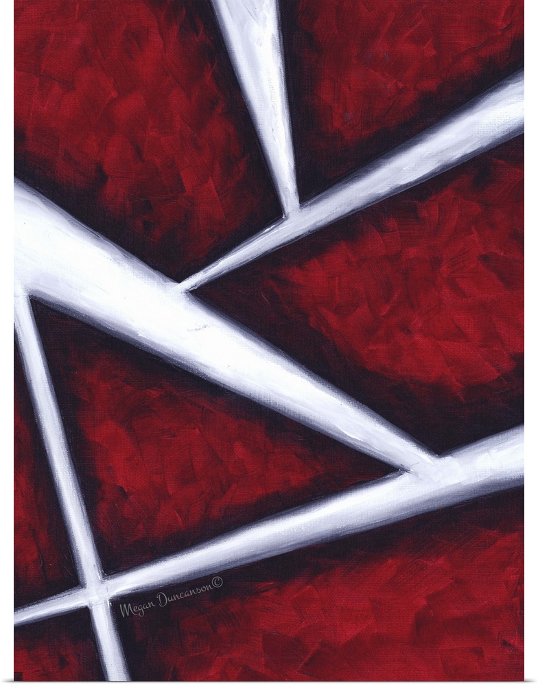 A contemporary abstract painting that has bright red brushstrokes underneath bold white lines moving in different angles, ...