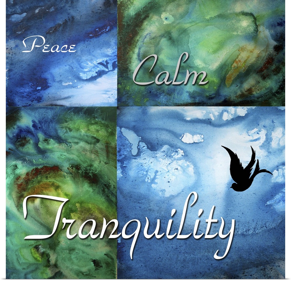 A collage of paintings in cool tones behind the silhouette of a bird and the words Peace, Calm, and Tranquility in script.