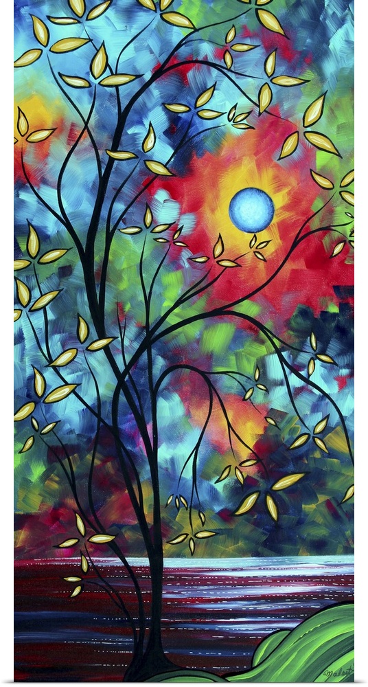 A thin tree with delicate leaves is drawn in front of a colorful sky and a blue moon that is surrounded by warmer tones.