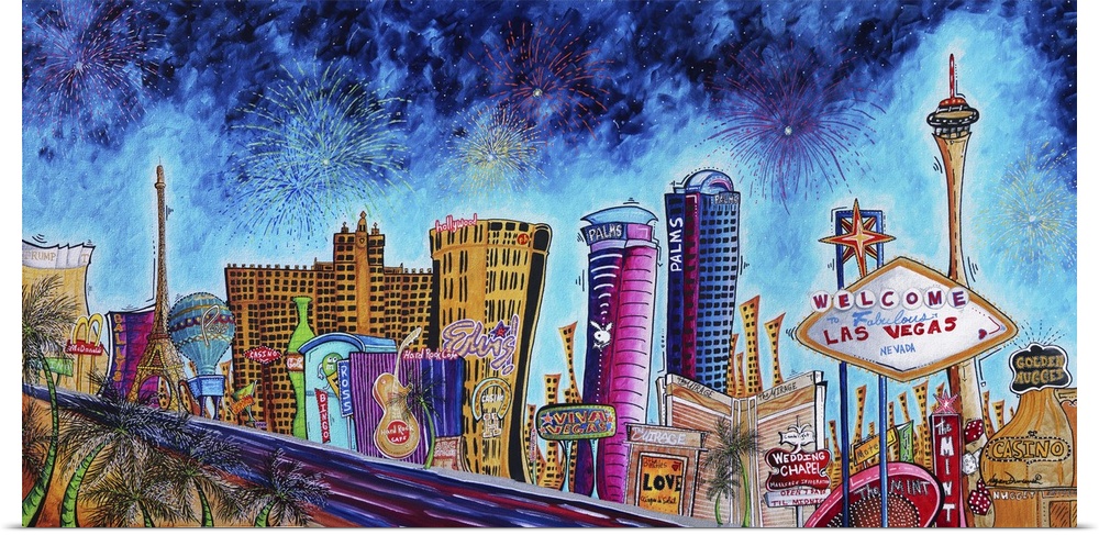 Contemporary painting of the Las Vegas city skyline.