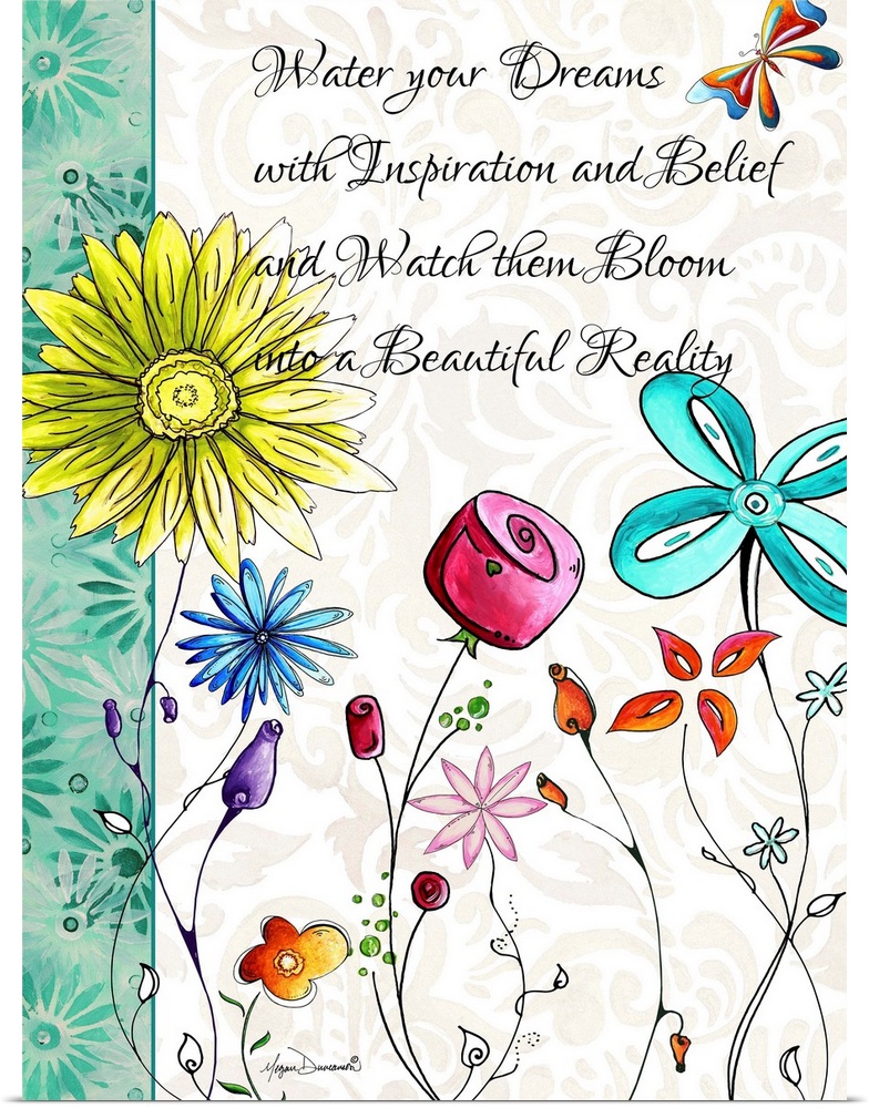 Illustration of several colorful flowers in full bloom with an inspirational quote.