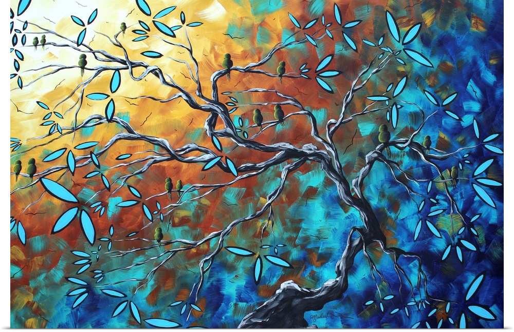 Abstract painting of a tree with blooming flowers on it's branches against a background splashed with different colors.